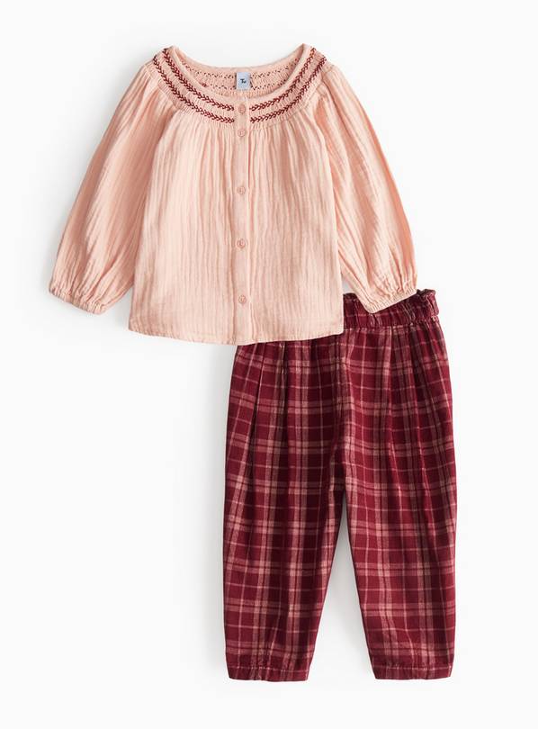Pink Cheesecloth Blouse & Red Check Corduroy Trousers 5-6 years